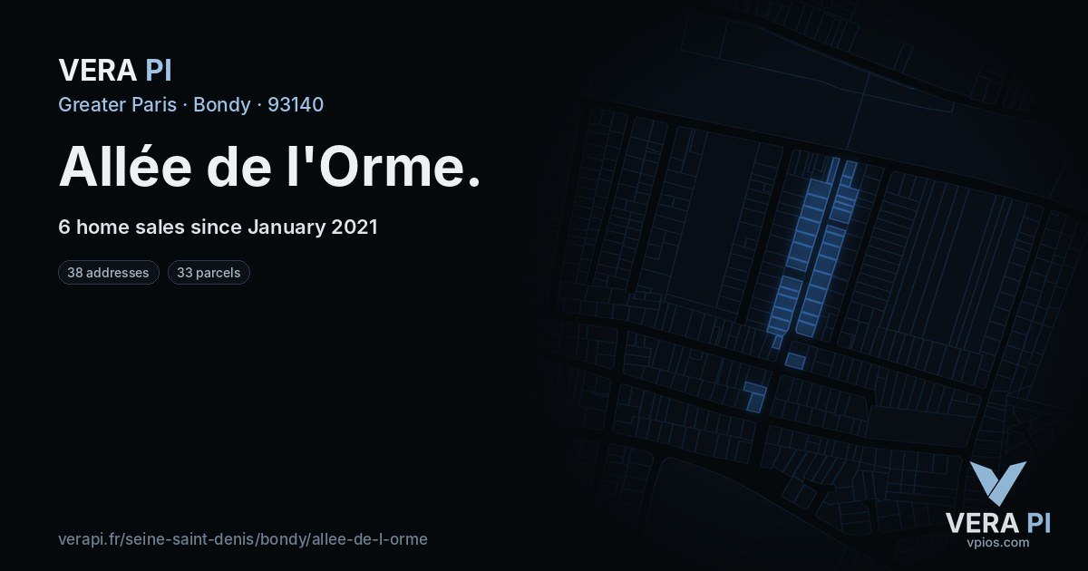 Allée de l'Orme, Bondy at night – every parcel coloured by the prices around it, the street's own parcels lit