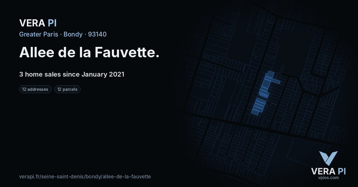 Allee de la Fauvette, Bondy at night – every parcel coloured by the prices around it, the street's own parcels lit