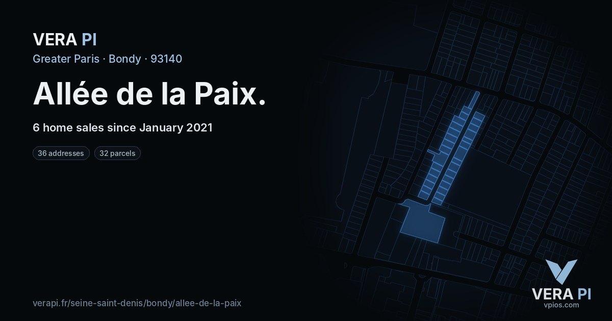 Allée de la Paix, Bondy at night – every parcel coloured by the prices around it, the street's own parcels lit