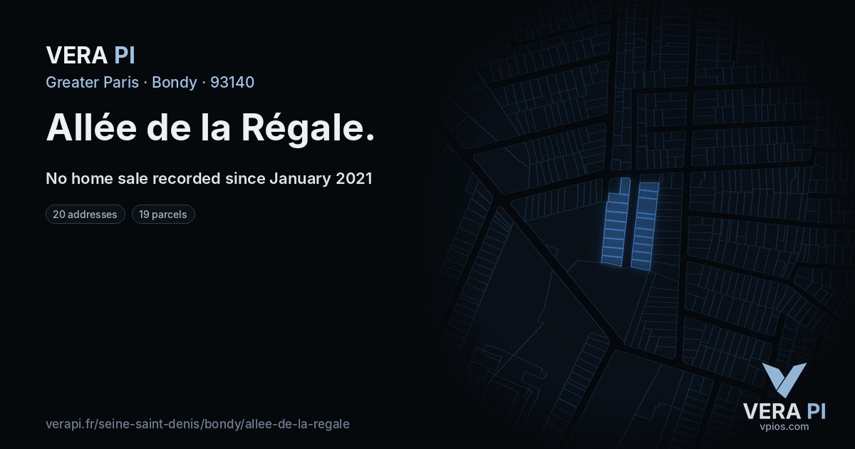 Allée de la Régale, Bondy at night – every parcel coloured by the prices around it, the street's own parcels lit