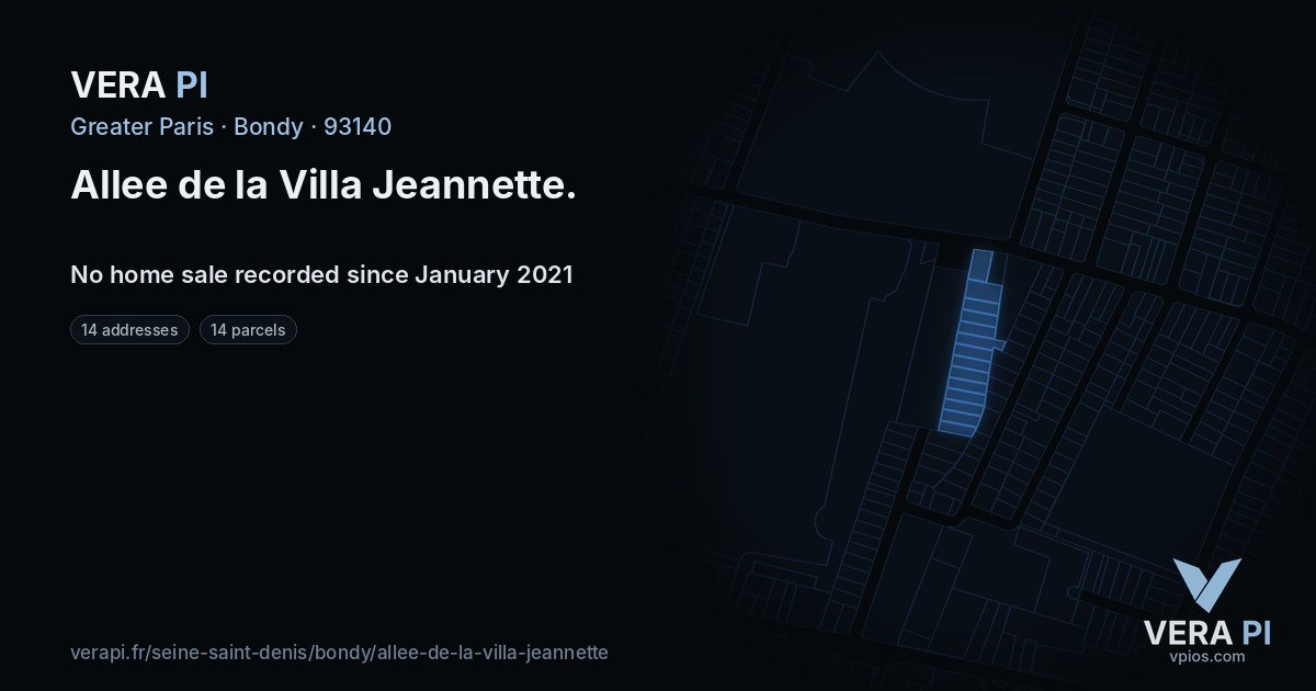 Allee de la Villa Jeannette, Bondy at night – every parcel coloured by the prices around it, the street's own parcels lit