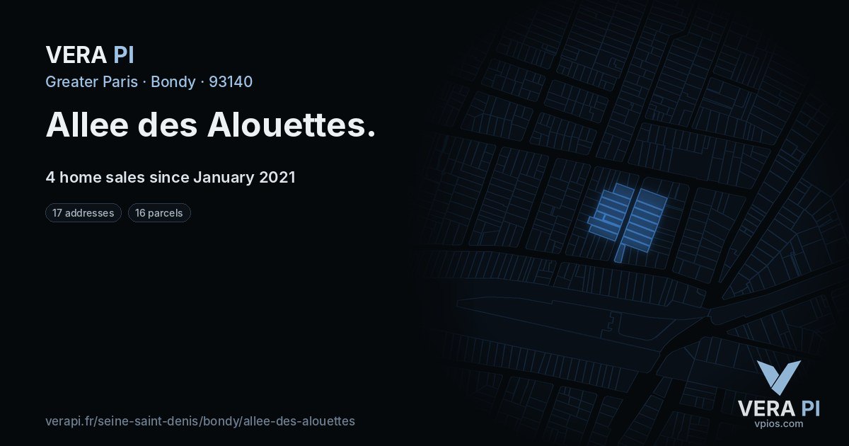 Allee des Alouettes, Bondy at night – every parcel coloured by the prices around it, the street's own parcels lit