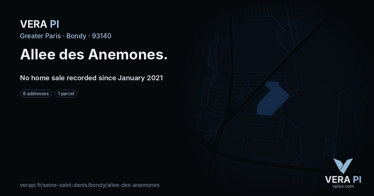 Allee des Anemones, Bondy at night – every parcel coloured by the prices around it, the street's own parcels lit