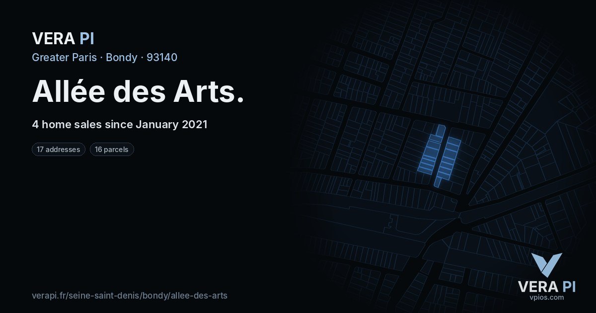 Allée des Arts, Bondy at night – every parcel coloured by the prices around it, the street's own parcels lit