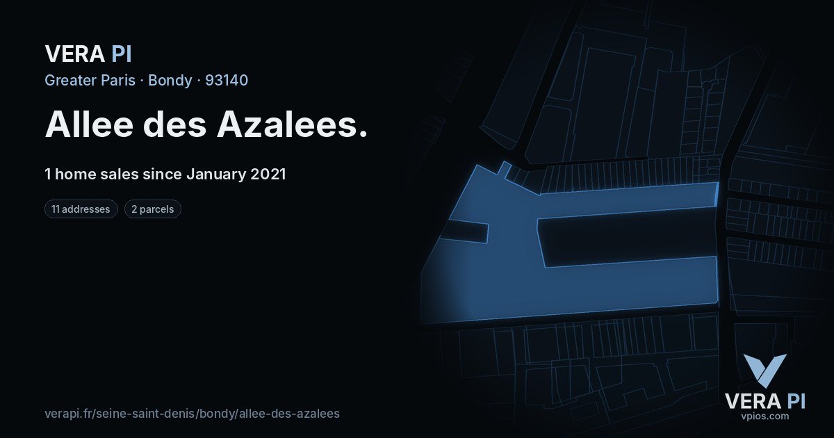 Allee des Azalees, Bondy at night – every parcel coloured by the prices around it, the street's own parcels lit