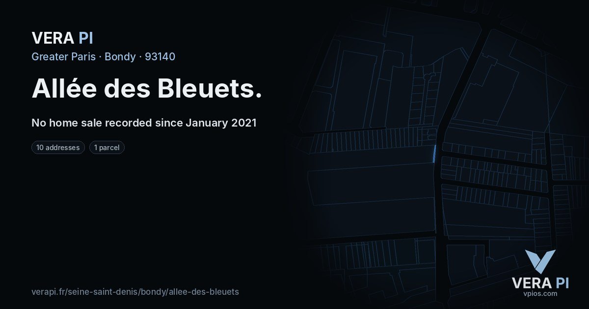 Allée des Bleuets, Bondy at night – every parcel coloured by the prices around it, the street's own parcels lit