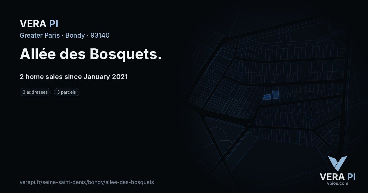 Allée des Bosquets, Bondy at night – every parcel coloured by the prices around it, the street's own parcels lit