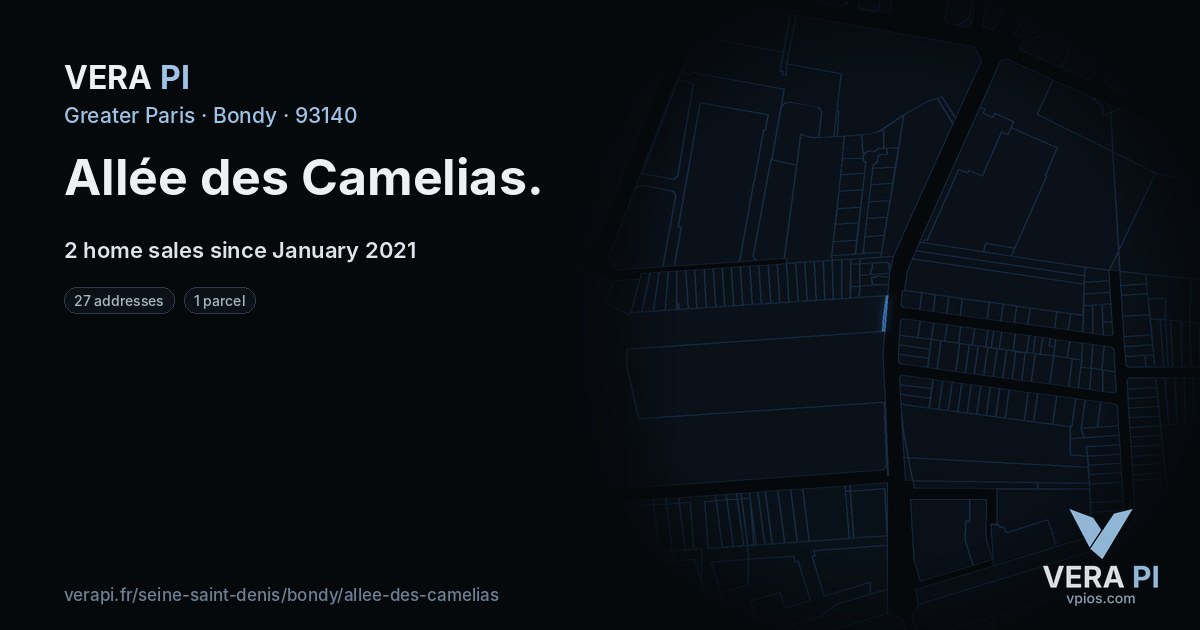 Allée des Camelias, Bondy at night – every parcel coloured by the prices around it, the street's own parcels lit