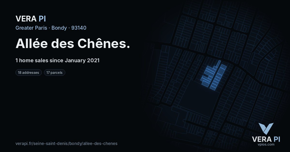 Allée des Chênes, Bondy at night – every parcel coloured by the prices around it, the street's own parcels lit