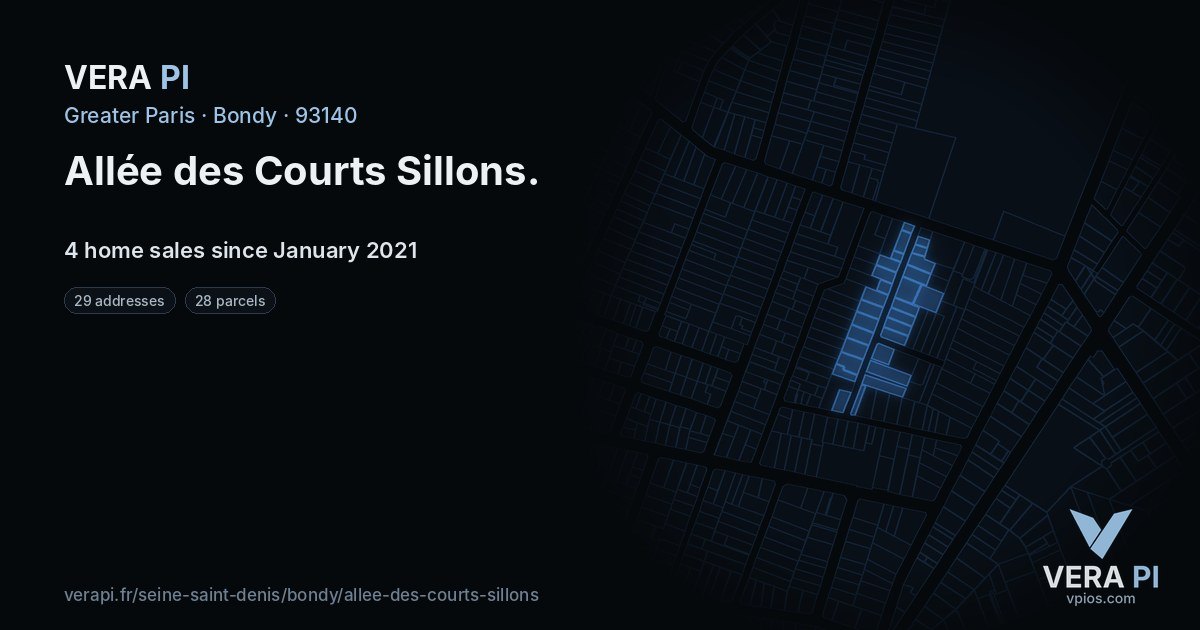 Allée des Courts Sillons, Bondy at night – every parcel coloured by the prices around it, the street's own parcels lit