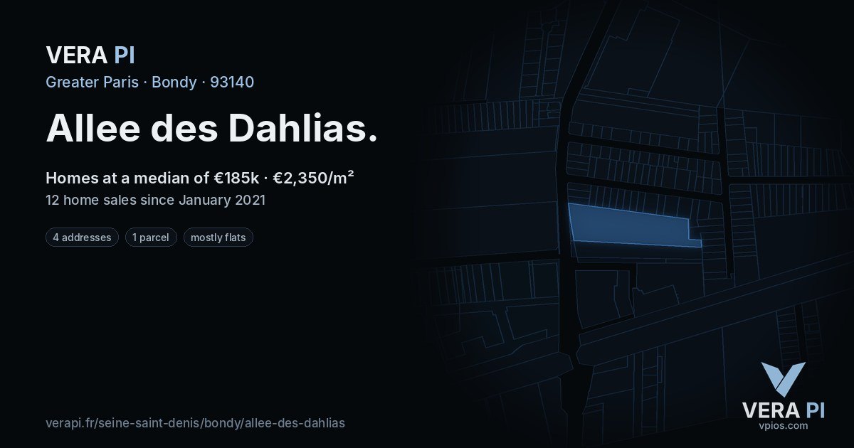 Allee des Dahlias, Bondy at night – every parcel coloured by the prices around it, the street's own parcels lit
