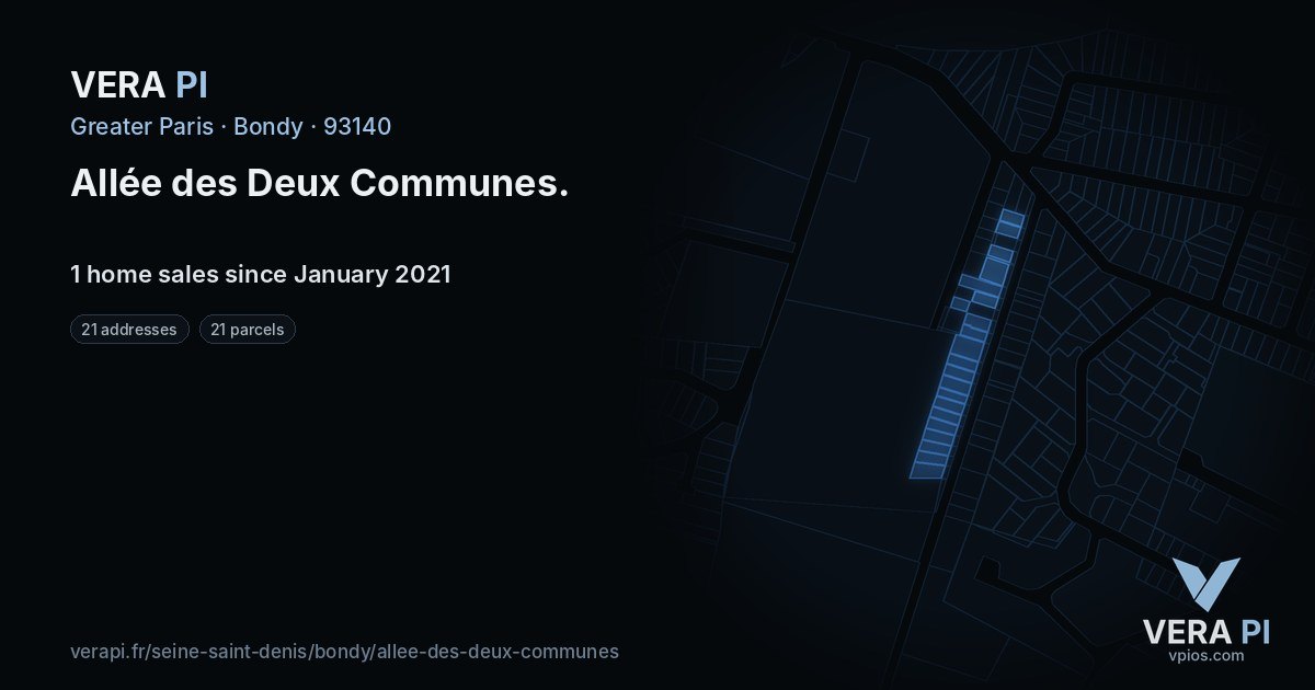 Allée des Deux Communes, Bondy at night – every parcel coloured by the prices around it, the street's own parcels lit