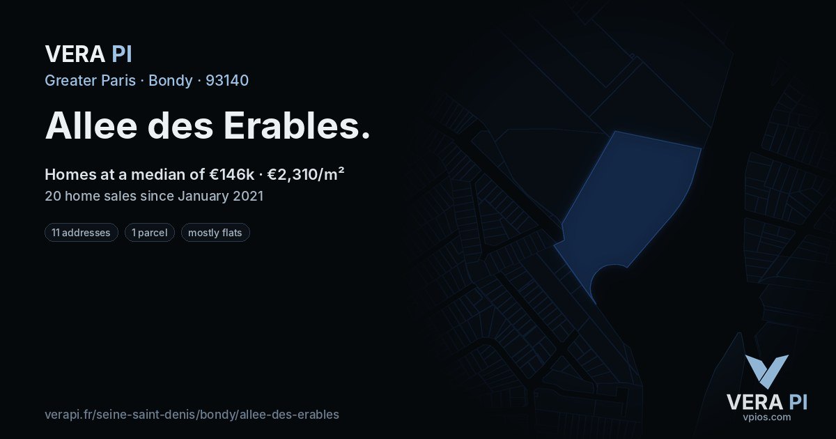 Allee des Erables, Bondy at night – every parcel coloured by the prices around it, the street's own parcels lit