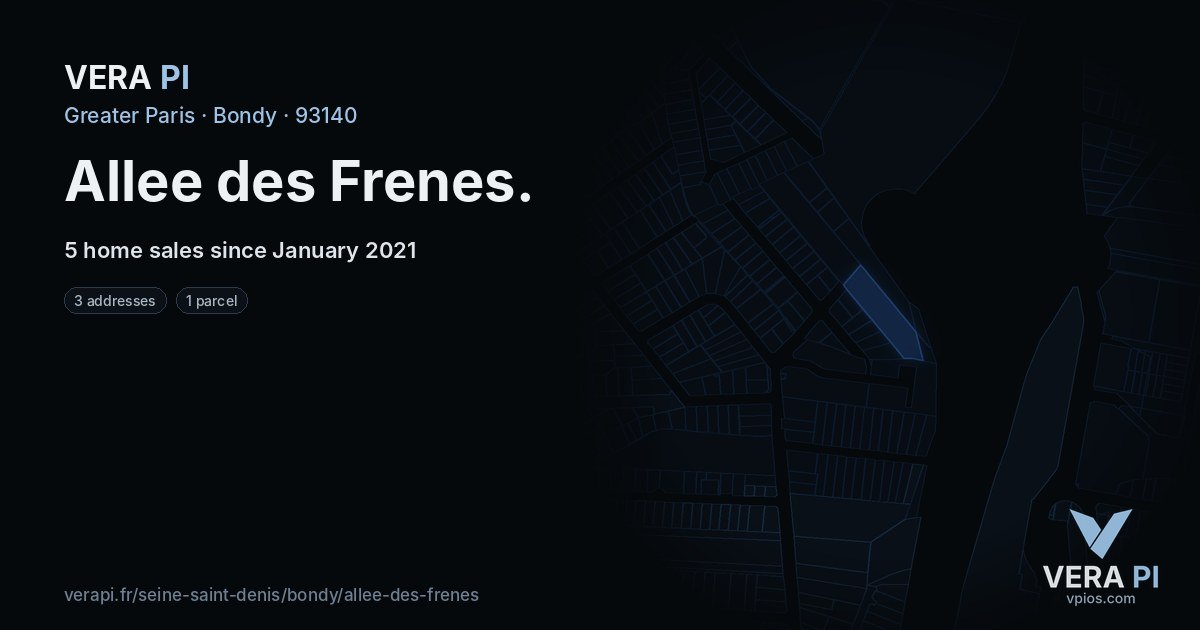 Allee des Frenes, Bondy at night – every parcel coloured by the prices around it, the street's own parcels lit