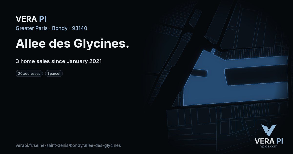 Allee des Glycines, Bondy at night – every parcel coloured by the prices around it, the street's own parcels lit