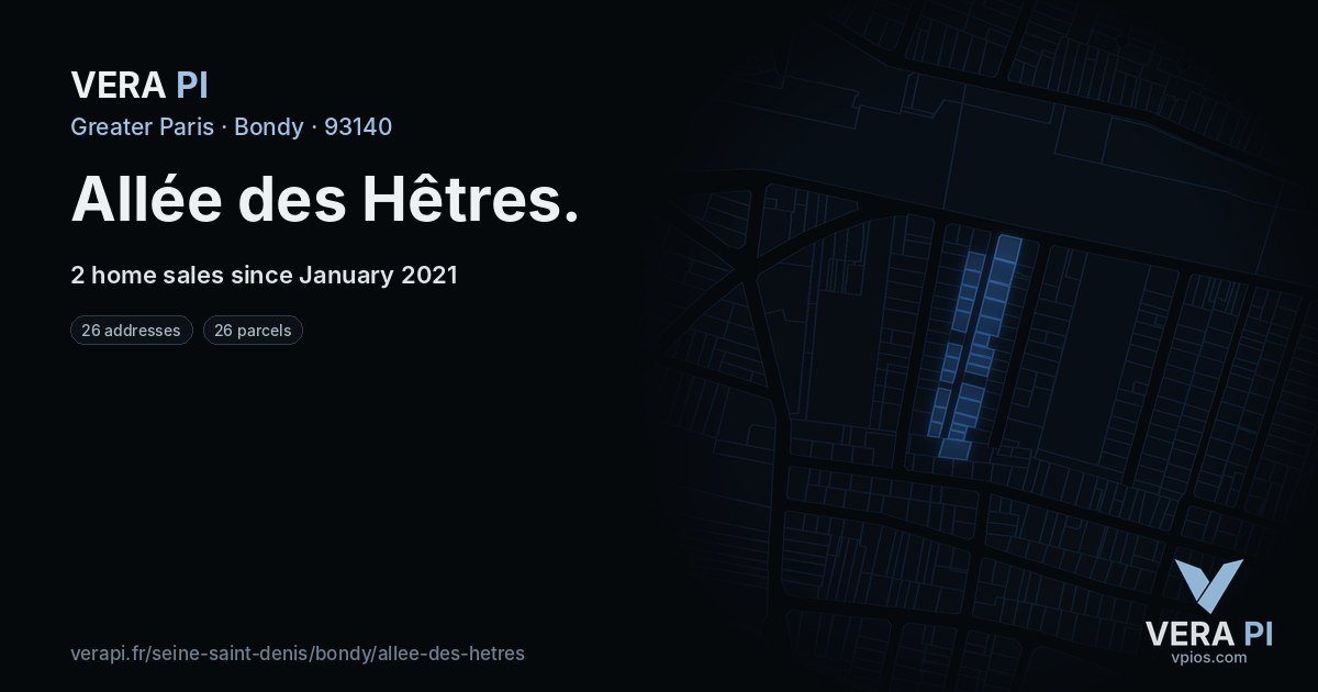 Allée des Hêtres, Bondy at night – every parcel coloured by the prices around it, the street's own parcels lit