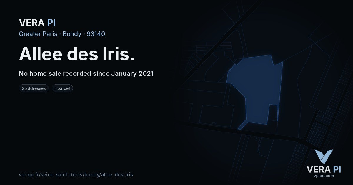 Allee des Iris, Bondy at night – every parcel coloured by the prices around it, the street's own parcels lit
