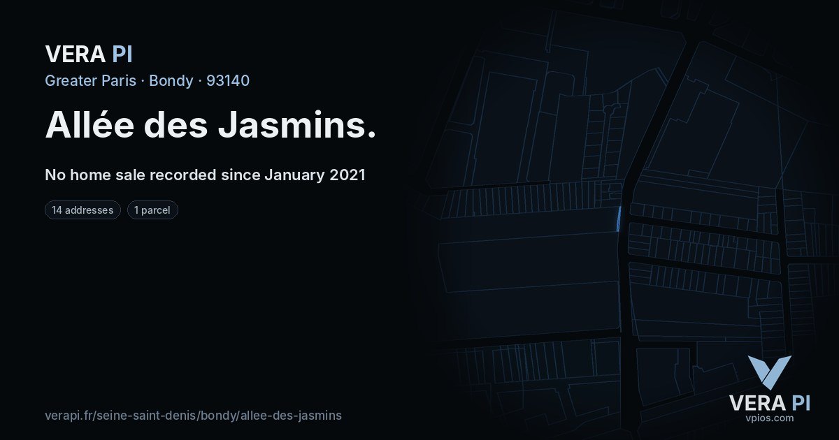 Allée des Jasmins, Bondy at night – every parcel coloured by the prices around it, the street's own parcels lit