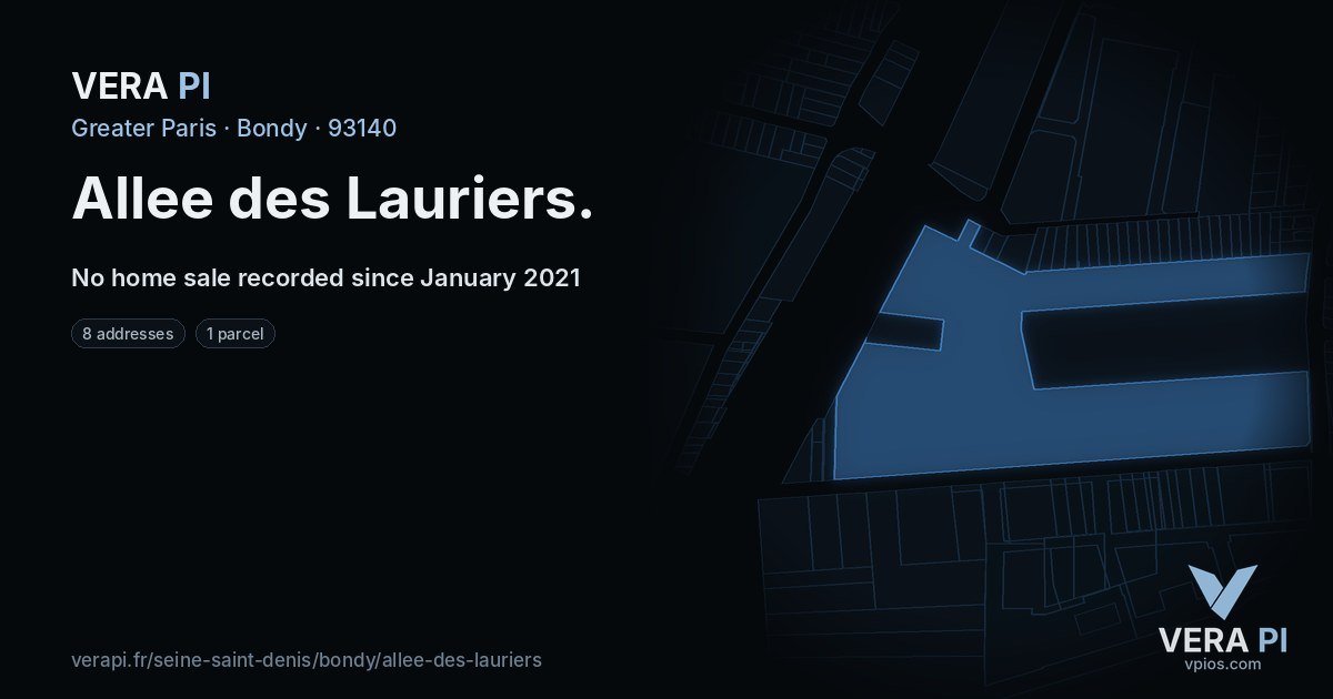 Allee des Lauriers, Bondy at night – every parcel coloured by the prices around it, the street's own parcels lit