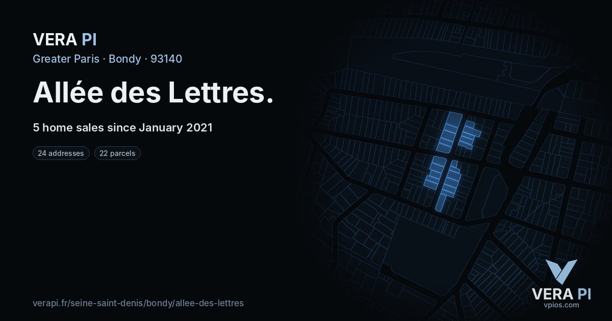 Allée des Lettres, Bondy at night – every parcel coloured by the prices around it, the street's own parcels lit