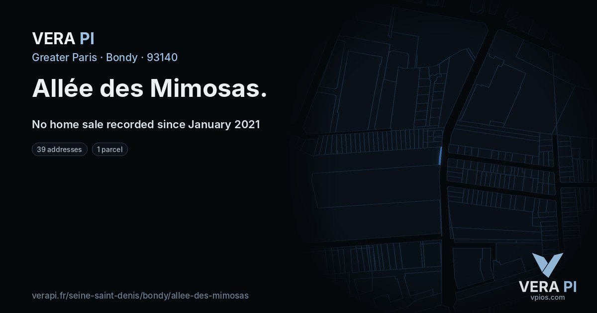 Allée des Mimosas, Bondy at night – every parcel coloured by the prices around it, the street's own parcels lit