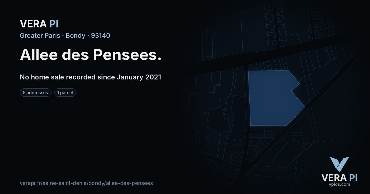 Allee des Pensees, Bondy at night – every parcel coloured by the prices around it, the street's own parcels lit