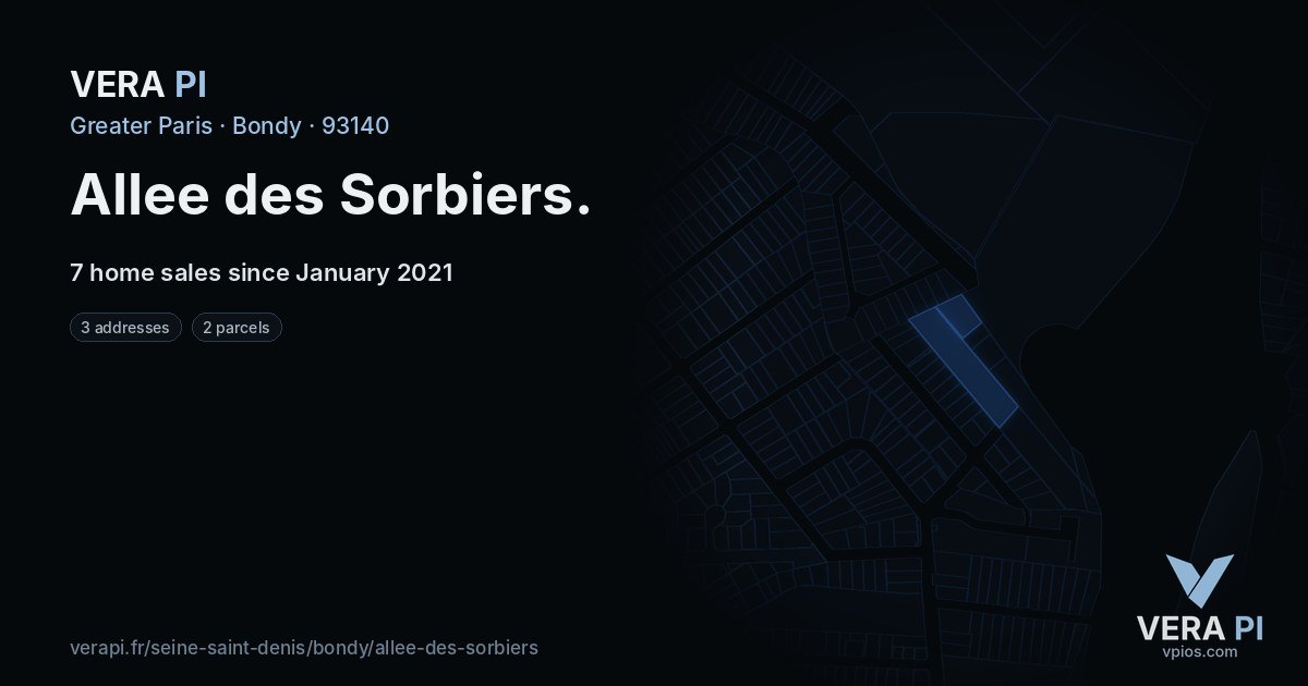 Allee des Sorbiers, Bondy at night – every parcel coloured by the prices around it, the street's own parcels lit