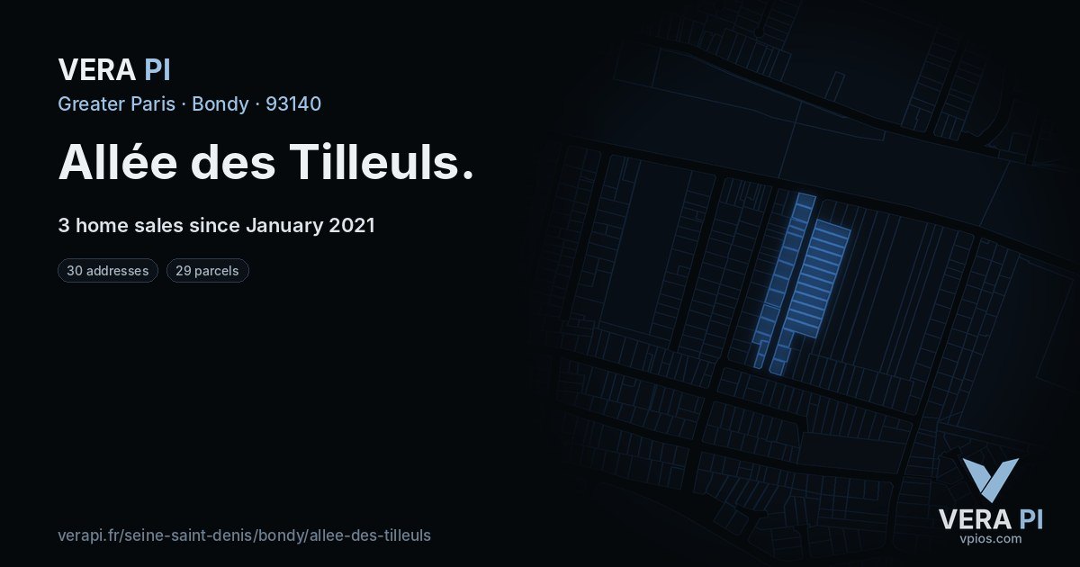 Allée des Tilleuls, Bondy at night – every parcel coloured by the prices around it, the street's own parcels lit