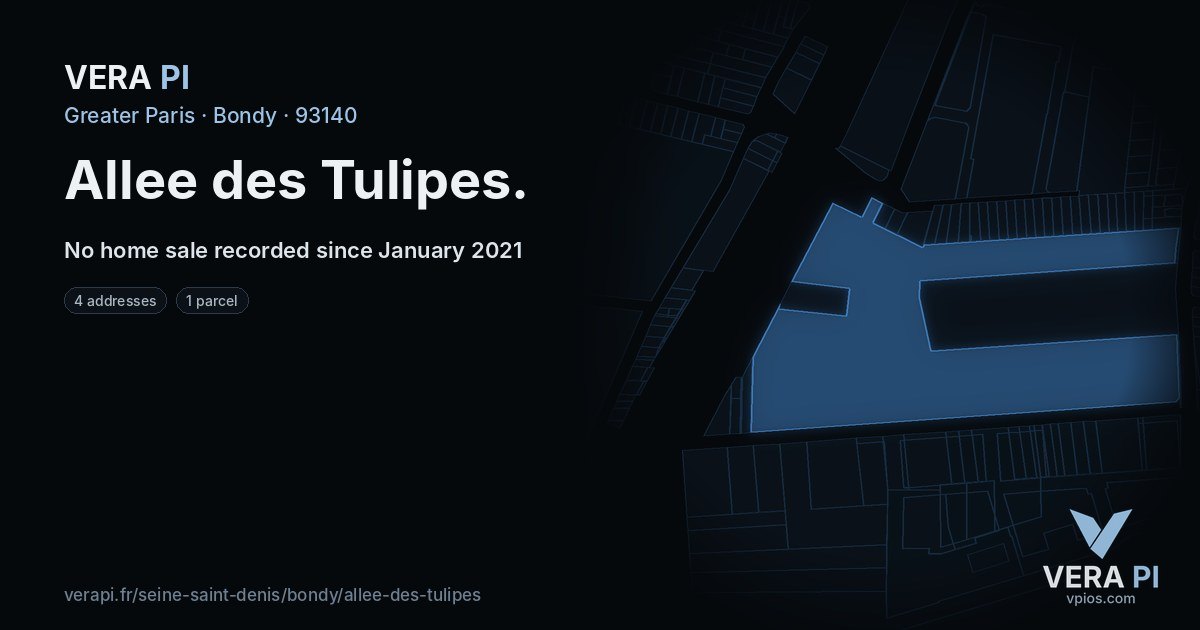 Allee des Tulipes, Bondy at night – every parcel coloured by the prices around it, the street's own parcels lit