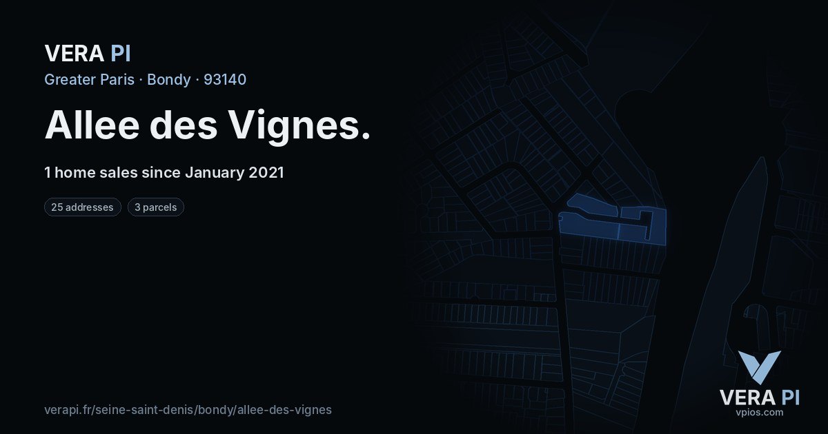 Allee des Vignes, Bondy at night – every parcel coloured by the prices around it, the street's own parcels lit