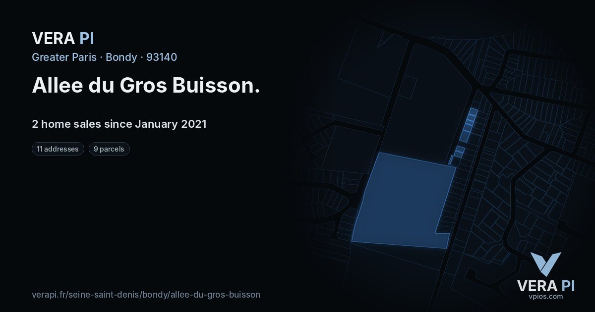 Allee du Gros Buisson, Bondy at night – every parcel coloured by the prices around it, the street's own parcels lit