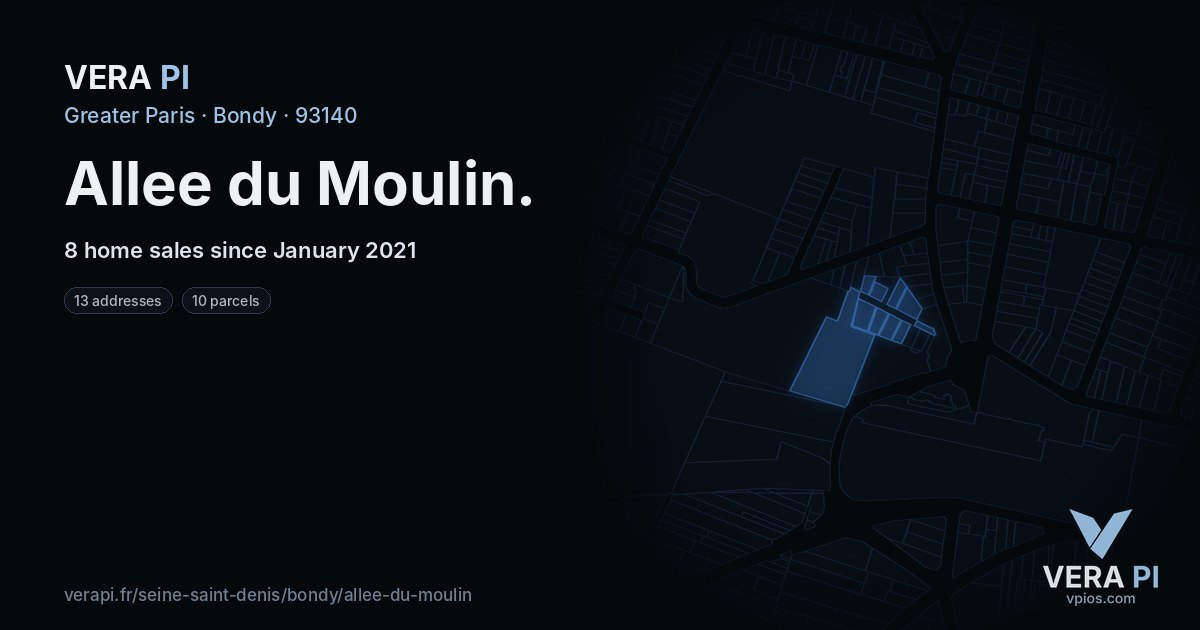 Allee du Moulin, Bondy at night – every parcel coloured by the prices around it, the street's own parcels lit