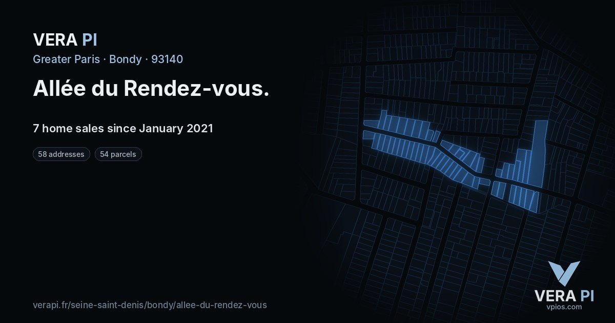 Allée du Rendez-vous, Bondy at night – every parcel coloured by the prices around it, the street's own parcels lit