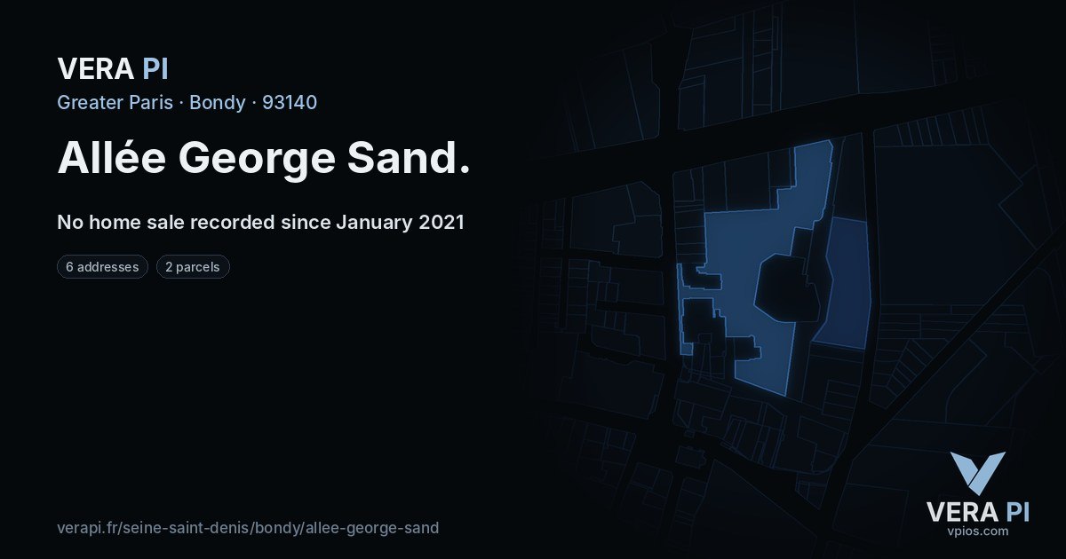 Allée George Sand, Bondy at night – every parcel coloured by the prices around it, the street's own parcels lit