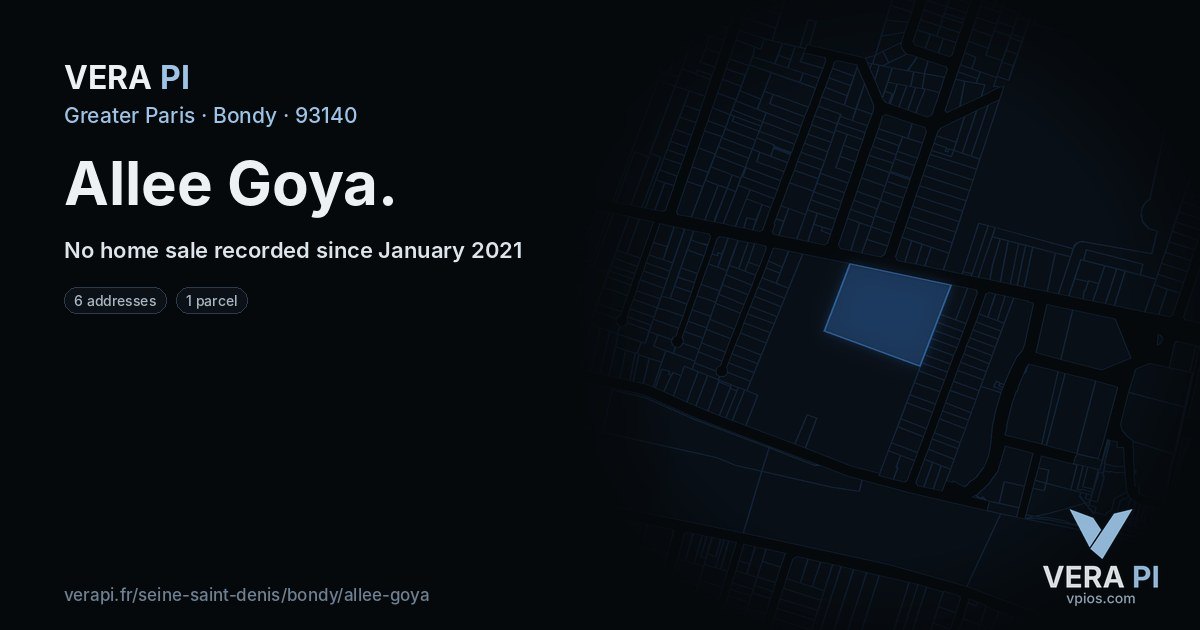Allee Goya, Bondy at night – every parcel coloured by the prices around it, the street's own parcels lit