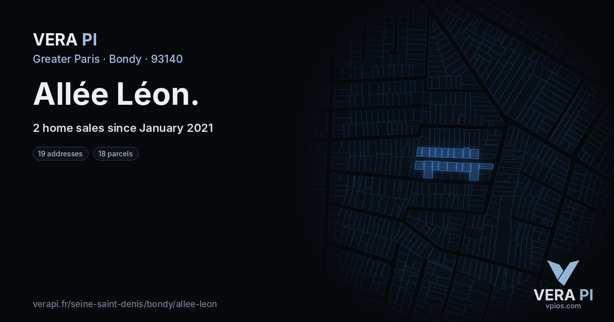 Allée Léon, Bondy at night – every parcel coloured by the prices around it, the street's own parcels lit