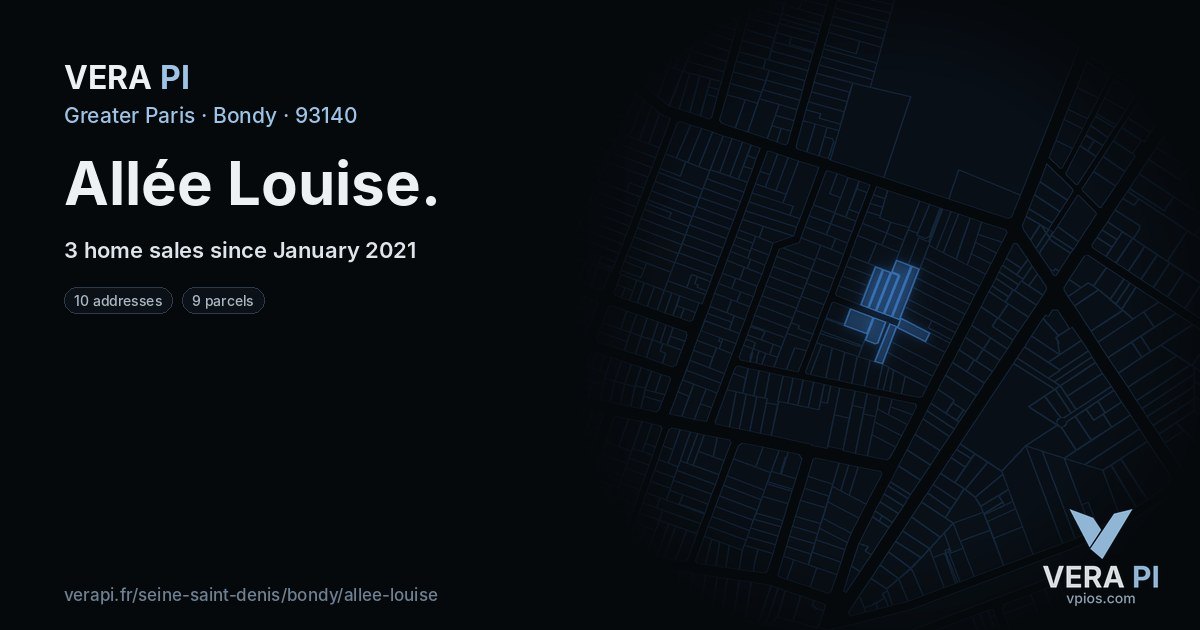 Allée Louise, Bondy at night – every parcel coloured by the prices around it, the street's own parcels lit