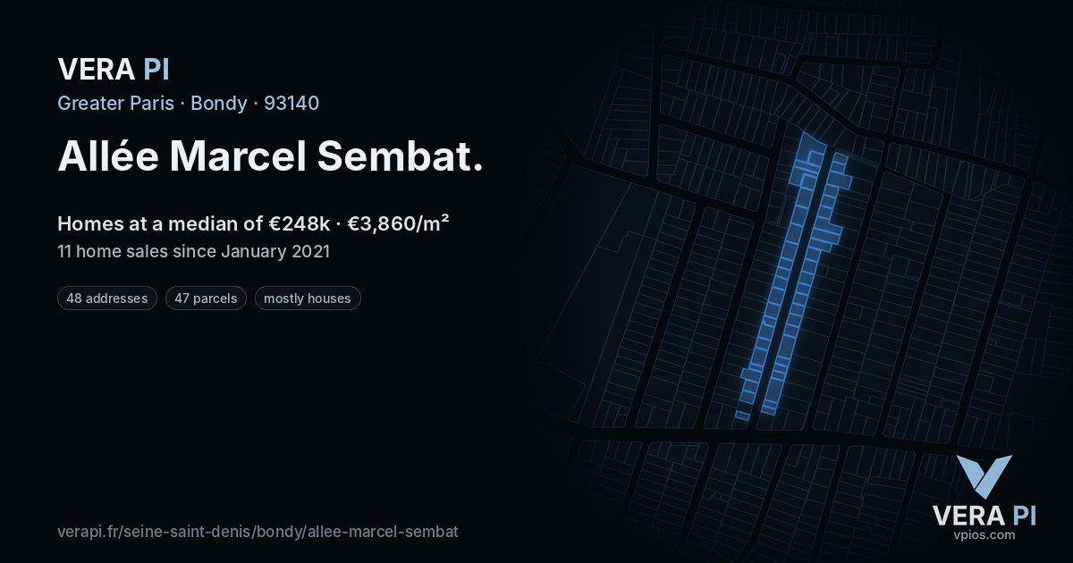 Allée Marcel Sembat, Bondy at night – every parcel coloured by the prices around it, the street's own parcels lit