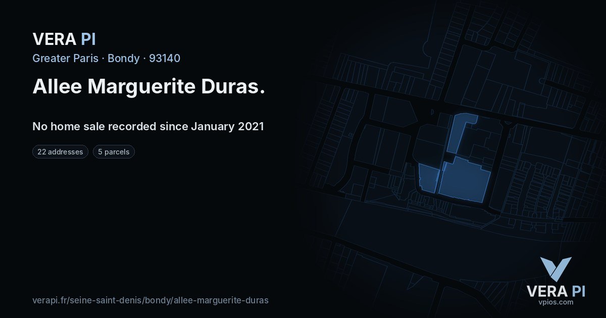 Allee Marguerite Duras, Bondy at night – every parcel coloured by the prices around it, the street's own parcels lit