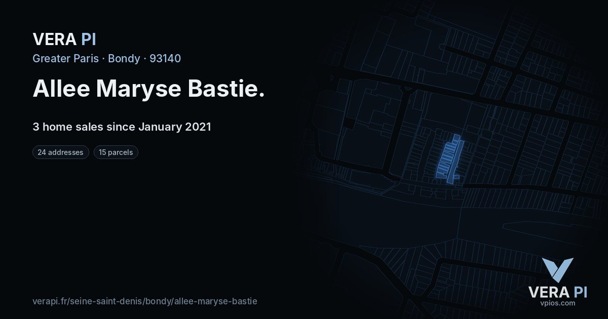 Allee Maryse Bastie, Bondy at night – every parcel coloured by the prices around it, the street's own parcels lit
