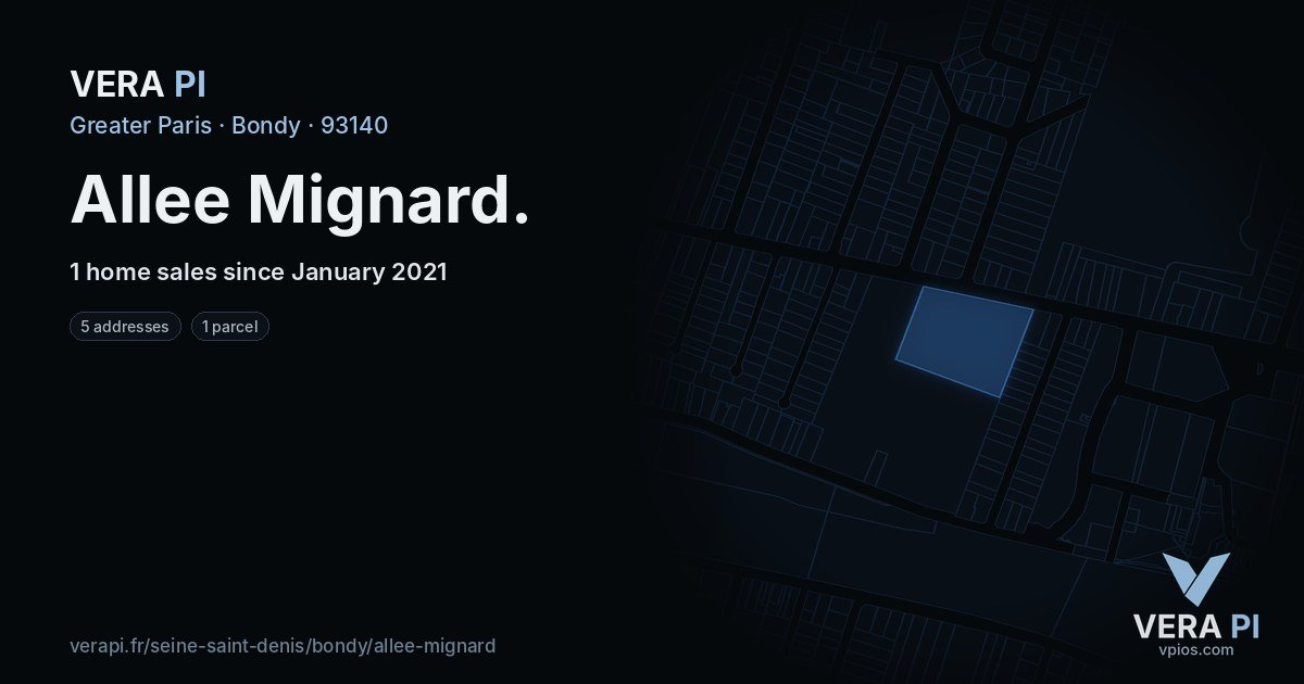 Allee Mignard, Bondy at night – every parcel coloured by the prices around it, the street's own parcels lit