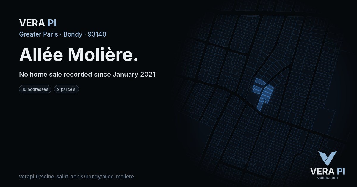 Allée Molière, Bondy at night – every parcel coloured by the prices around it, the street's own parcels lit