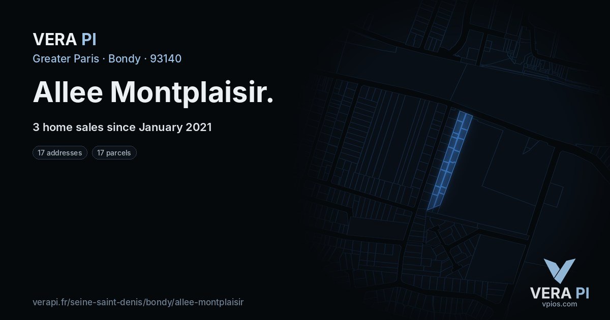 Allee Montplaisir, Bondy at night – every parcel coloured by the prices around it, the street's own parcels lit
