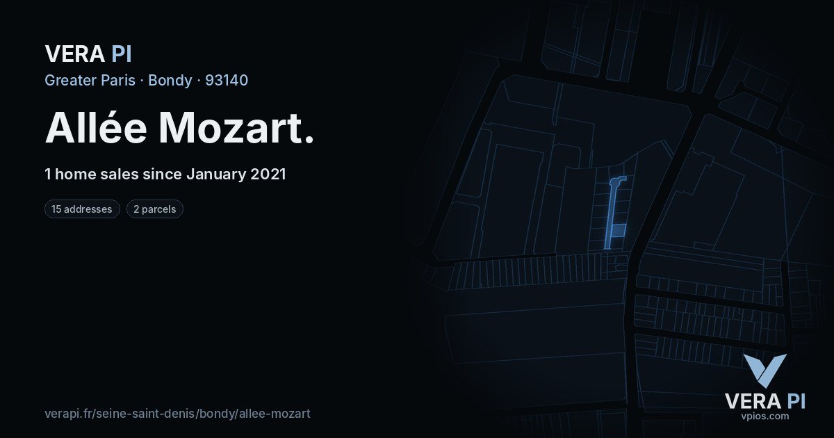 Allée Mozart, Bondy at night – every parcel coloured by the prices around it, the street's own parcels lit