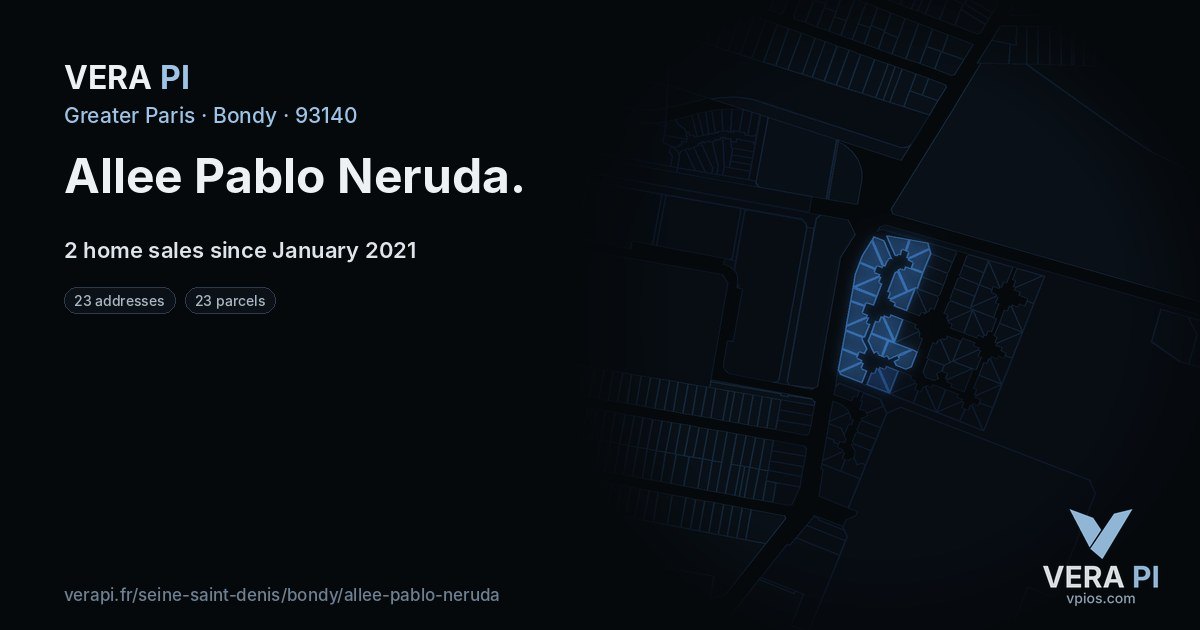 Allee Pablo Neruda, Bondy at night – every parcel coloured by the prices around it, the street's own parcels lit