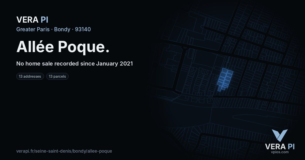 Allée Poque, Bondy at night – every parcel coloured by the prices around it, the street's own parcels lit