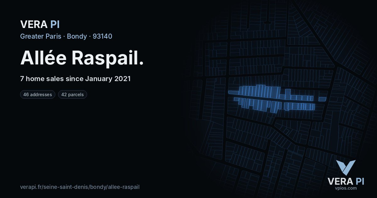 Allée Raspail, Bondy at night – every parcel coloured by the prices around it, the street's own parcels lit