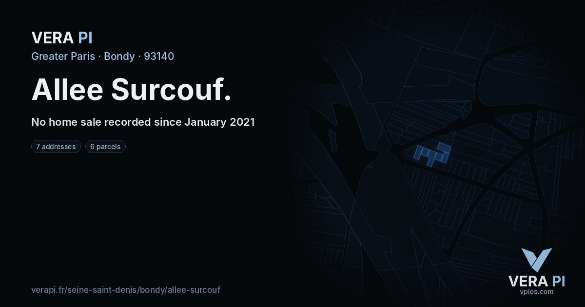 Allee Surcouf, Bondy at night – every parcel coloured by the prices around it, the street's own parcels lit
