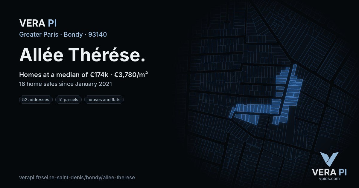 Allée Thérése, Bondy at night – every parcel coloured by the prices around it, the street's own parcels lit