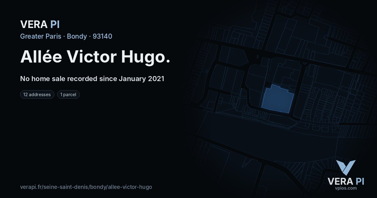 Allée Victor Hugo, Bondy at night – every parcel coloured by the prices around it, the street's own parcels lit